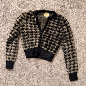 Elie Tahari Black and Tan Fluffy Houndstooth Cardigan
